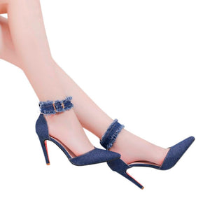 2018 women sandals high heels Fashion Solid Thin Heels Denim Fine Heel Pointed Toe Hasp High Heeled Shoes 5.27