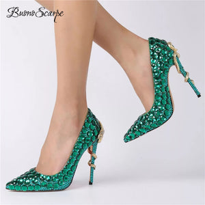 BuonoScarpe Women Wedding High Heels Bride Strass Heel Pumps Snake Heels Crystal Bling Bling Shoes Sexy Lady Party High Heels