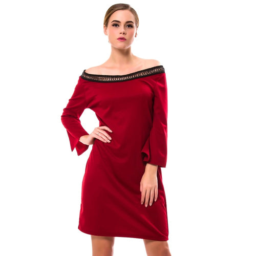 Autumn women's new word collar off-the-shoulder leather wine red sleeve loose dress factory direct sales