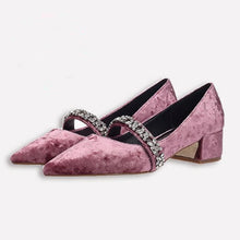 Load image into Gallery viewer, Fashion rhinestone high heels low heel pointed pink velvet bridesmaid shoes retro Crude heel Mary Jane shoes Women pumps Heels