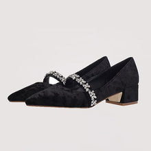 Load image into Gallery viewer, Fashion rhinestone high heels low heel pointed pink velvet bridesmaid shoes retro Crude heel Mary Jane shoes Women pumps Heels
