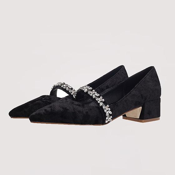 Fashion rhinestone high heels low heel pointed pink velvet bridesmaid shoes retro Crude heel Mary Jane shoes Women pumps Heels
