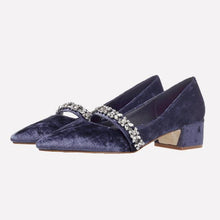 Load image into Gallery viewer, Fashion rhinestone high heels low heel pointed pink velvet bridesmaid shoes retro Crude heel Mary Jane shoes Women pumps Heels