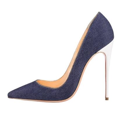 Moraima Snc 2019 Newest Denim Blue High Heel Shoes for Woman Sexy Pointed Toe Thin Heels Pumps 12CM heel Stiletto Heels
