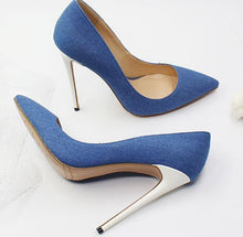 Load image into Gallery viewer, Moraima Snc 2019 Newest Denim Blue High Heel Shoes for Woman Sexy Pointed Toe Thin Heels Pumps 12CM heel Stiletto Heels